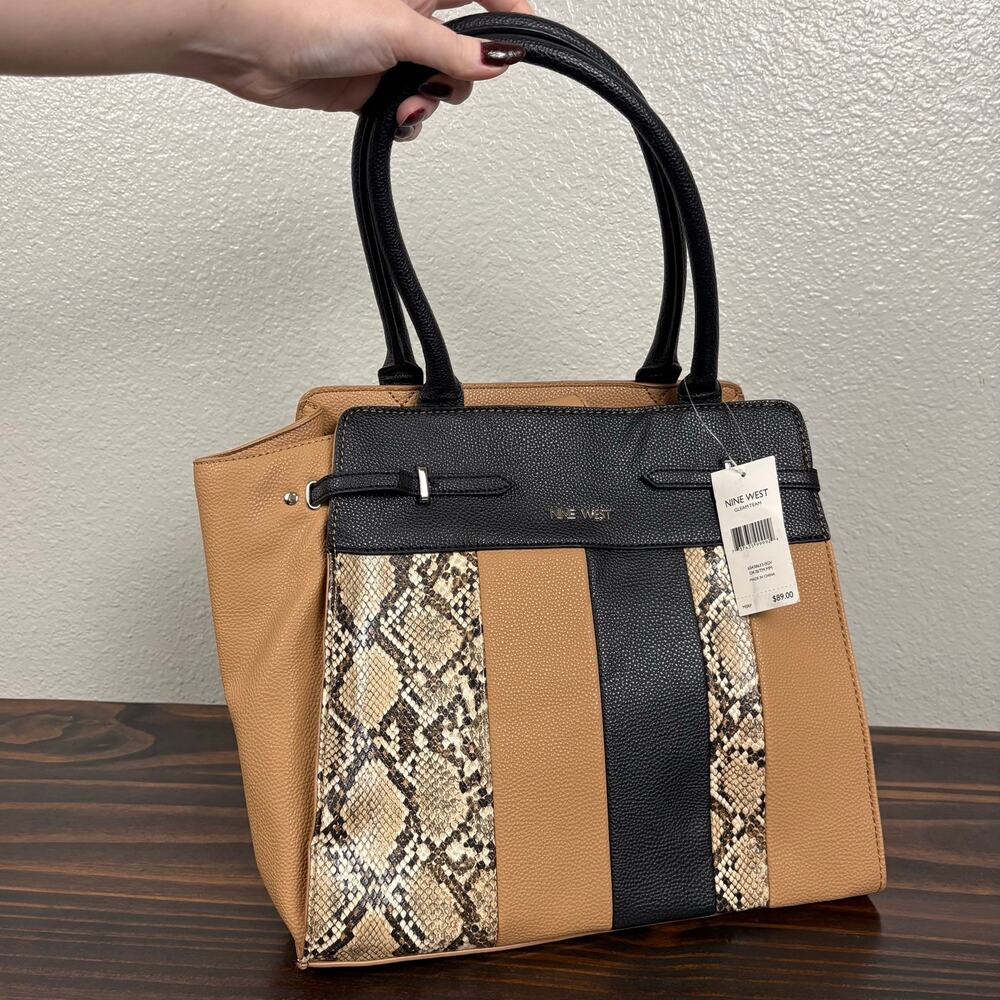 NWT Nine West Brown Handbag Faux Snakeskin Handbag Purse Shoulder Bag Patchwork